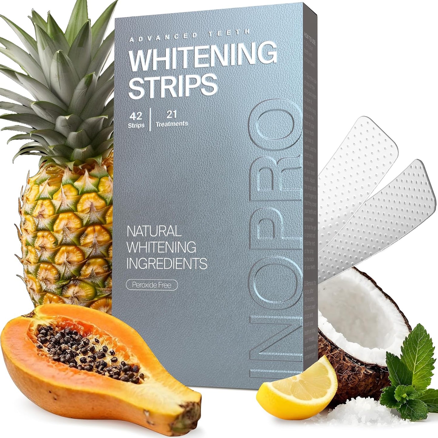 Natural Teeth Whitening Strips Kit 21 Treatments - Sensitive Teeth Whitener, Peroxide Free with Papain, Bromelain, Coconut Oil, White Strips for Teeth Whitening (42 Strips)