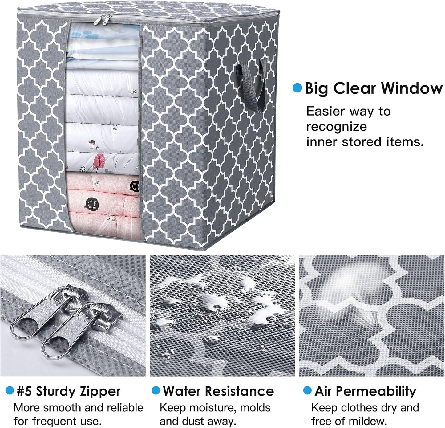 WISELIFE Storage Bags [3 Pack/100L] Large Blanket Clothes Organization and Storage Containers for Comforters,Bedding, Foldable Organizer with Reinforced Handle, Clear Window, Sturdy Zippers,Light Gray