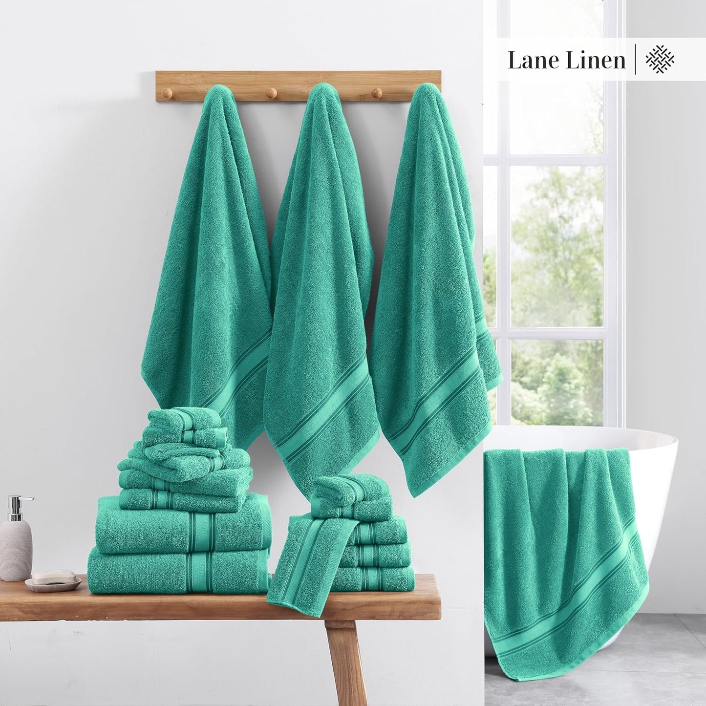 LANE LINEN 100% Mercerized Cotton Luxury Bathroom Towel Set - 18 Pcs - Zero Twist, Fluffy, Soft & Highly Absorbent - 6 Bath, 6 Washcloths, 6 Hand Towels - Avaialable in Wide Variety of Colours - Teal