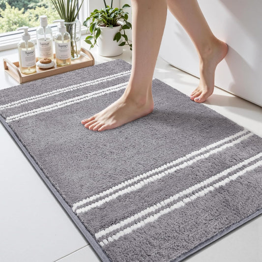 Bathroom Rugs 17x24 Extra Soft Absorbent Bath Mat Chenille Non Slip Shower Mat Rubber Backing Machine Washable Bath Mats for Bathroom Shaggy Grey Bath Rugs for Tub, Hallway
