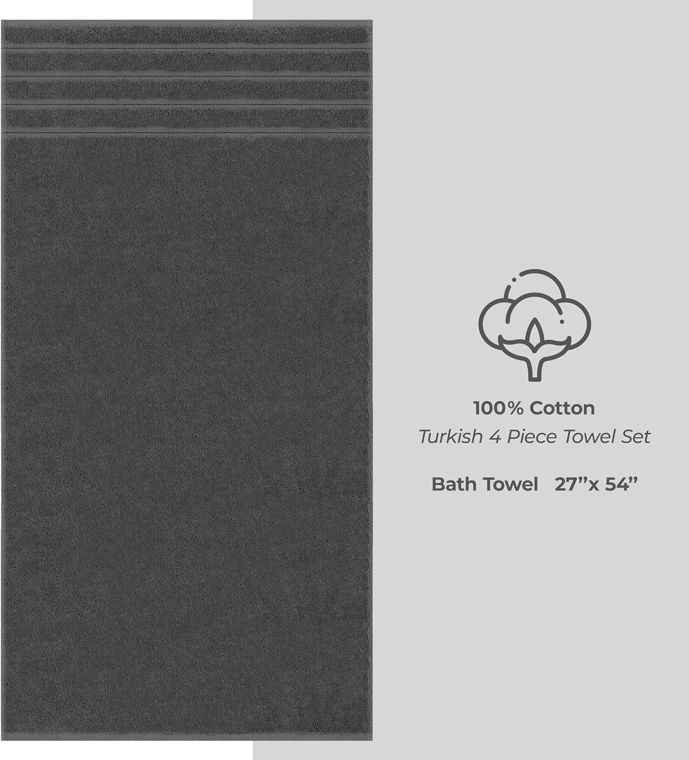 American Soft Linen Luxury 4 Piece Bath Towel Set, 600 GSM 100% Cotton Turkish Bath Towels for Bathroom, 27x54 in Large Bathroom Shower Towels, Dark Gray