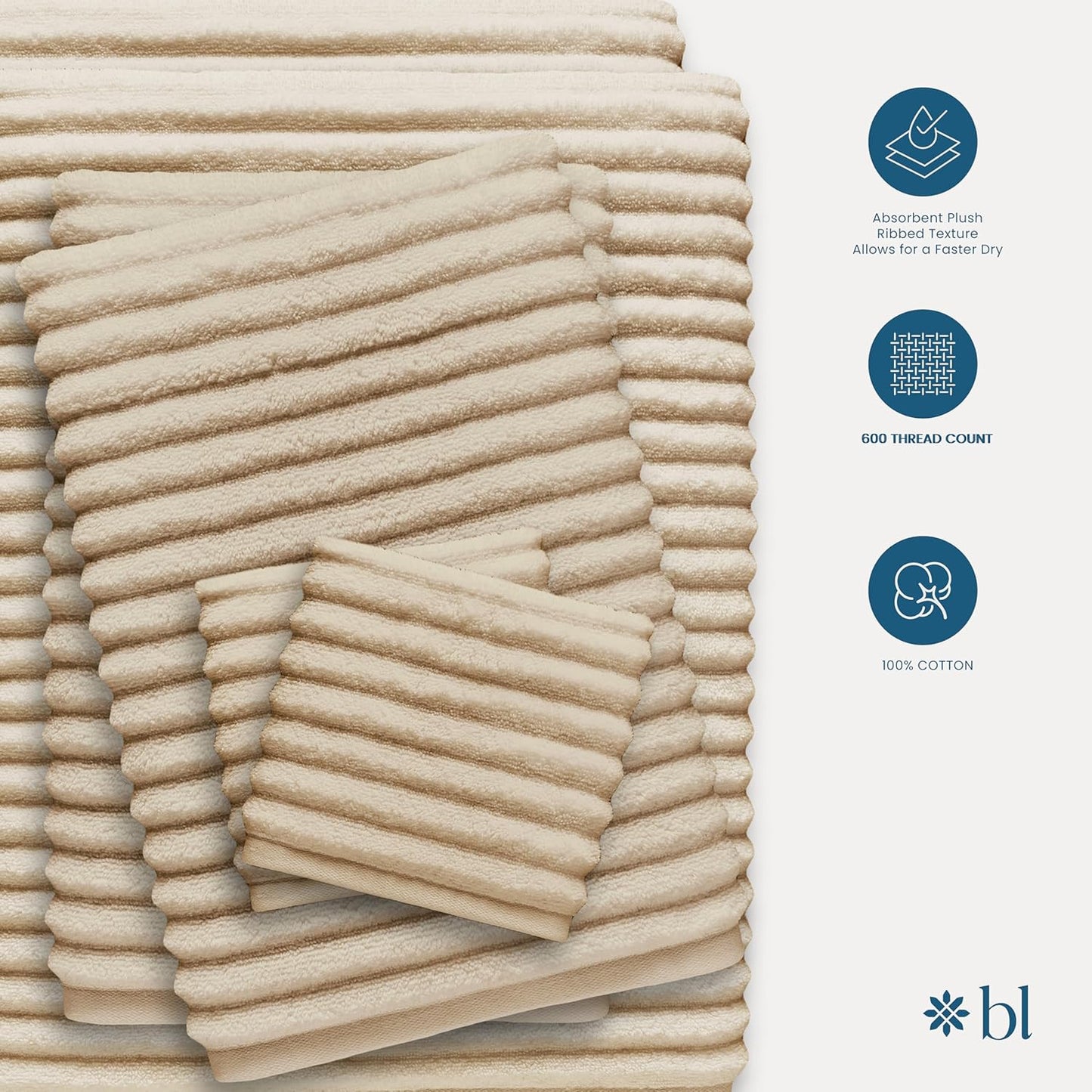 Blue Loom Ribbed Bath Towels Set, 100% Cotton 600 GSM, Soft Absorbent Durable Quick Drying 2 Bath Towels for Bathroom - Mason Set of 2 Ivory Beige (58" x 30" Inch)