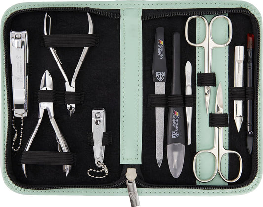 3 Swords Germany - brand quality 10 piece manicure pedicure grooming kit set for nail care scissors clipper mint synthetic leather case - Made by 3 Swords