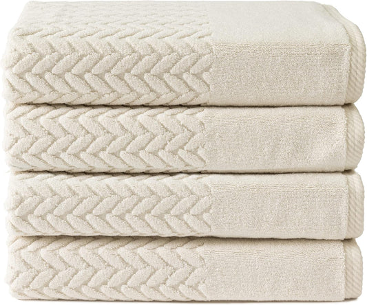 Texere 100% Organic Cotton Jacquard 650 GSM Premium Bath Towel Sets - Extra Absorbent Quick Dry and Plush (Cable, Birch, 4 Bath Towels)
