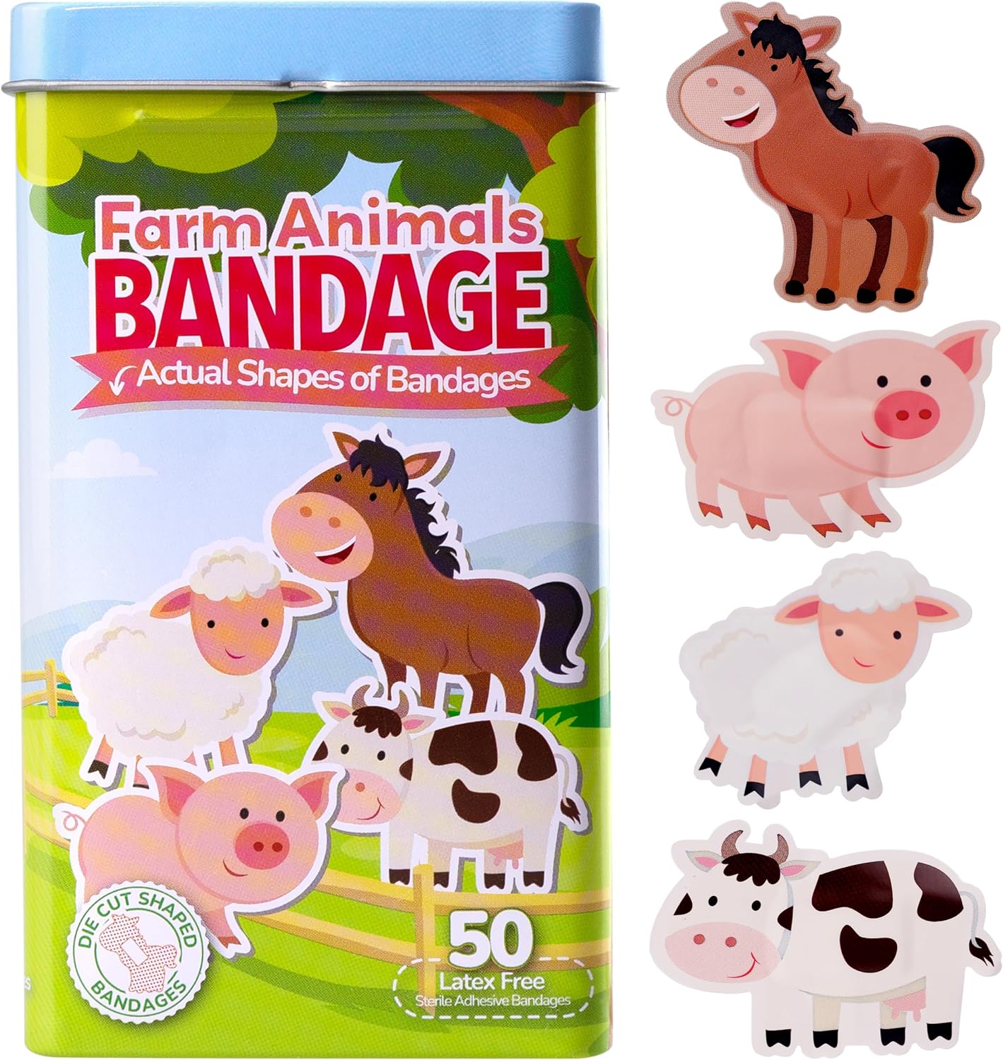 BioSwiss Kids Bandages, Farm Animal Shaped Self Adhesive Bandage Set, Latex Free, Sterile Wound Care, 50 Count
