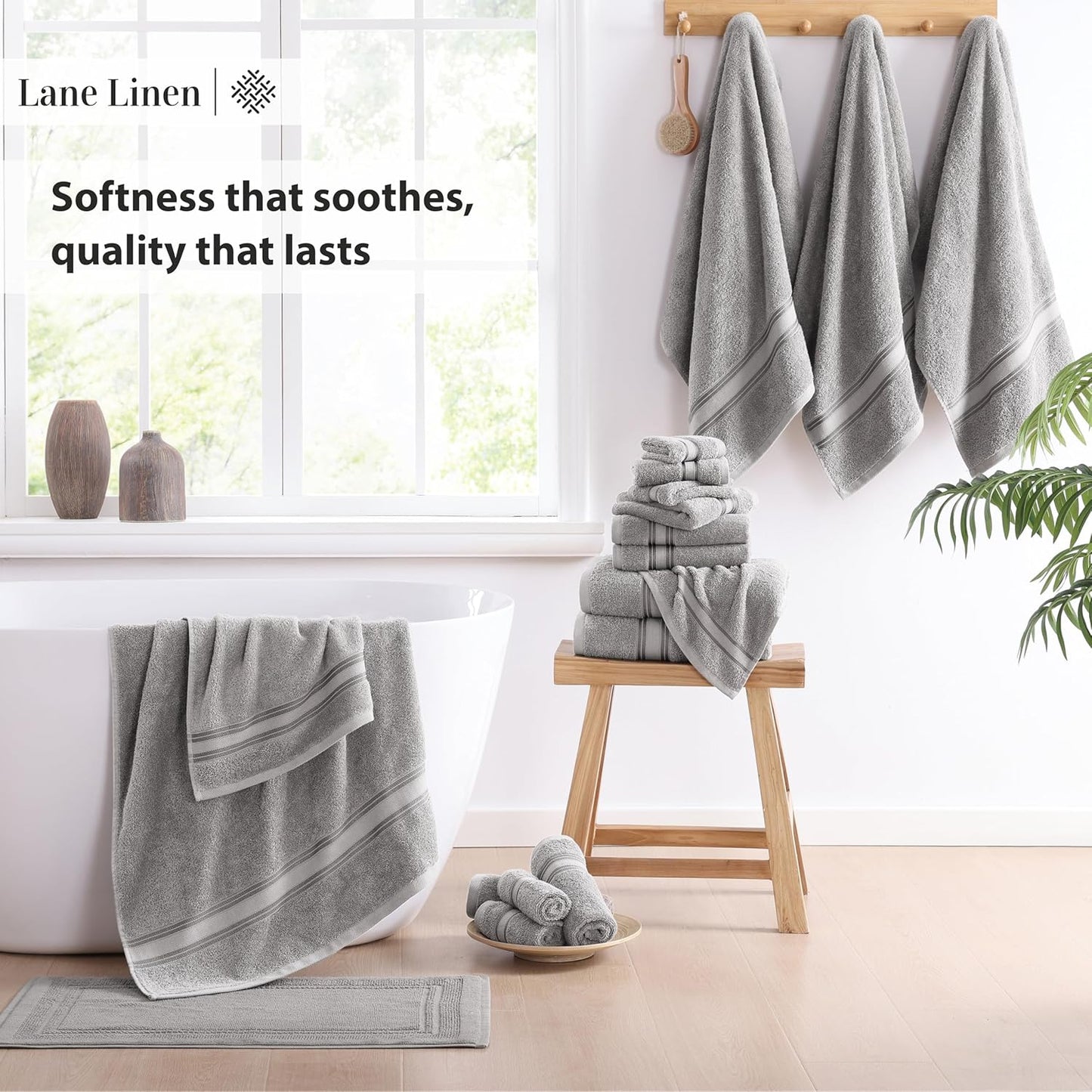 LANE LINEN 100% Cotton 18 Piece Bath Towel Set - Zero Twist, Quick Dry, Super Soft & Highly Absorbent - 6 Bath, 6 Washcloths, 6 Hand Towels for Bathroom - Hotel Quality Bathroom Towel Set - Grey