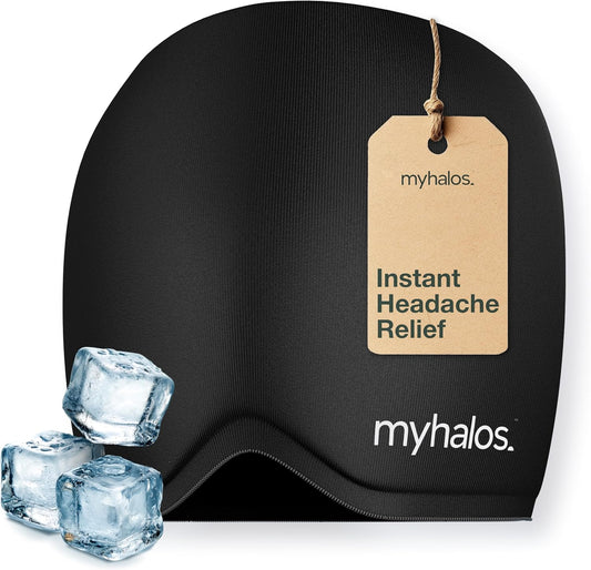 MyHalos® Migraine Relief Cap, 30% Thicker, 2X More Cooling Gel, Stays Colder for Longer, Ice Hat, Ice Pack Head Wrap, Cold Headaches & Migraine Mask - Hangover, Tension Headache Relief Cap (Black)