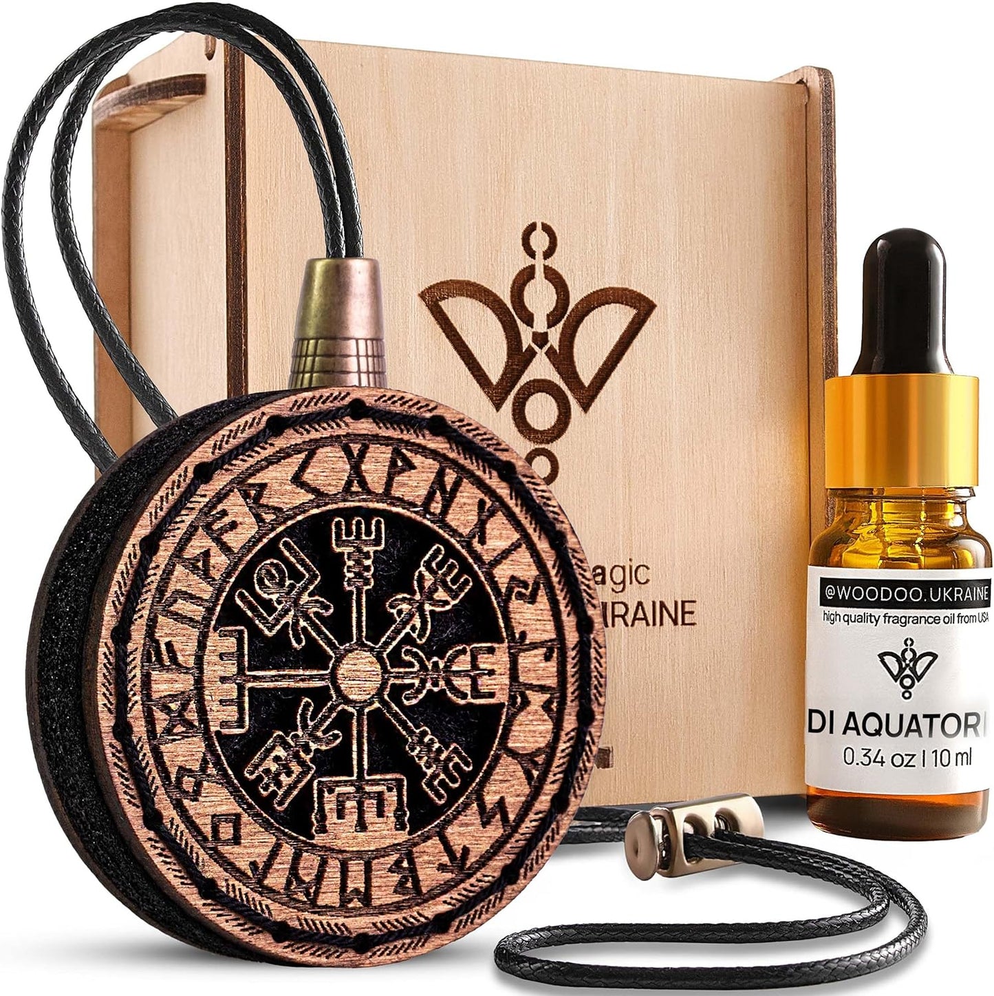 Wood Car Air Freshener — Handmade Car Air Freshener — Vegvisir Designed Fragrance Oil Diffuser in Wooden Gift Box — Aromatherapy Gift Set with diAquatoria Fragrance Oil - 10 ml