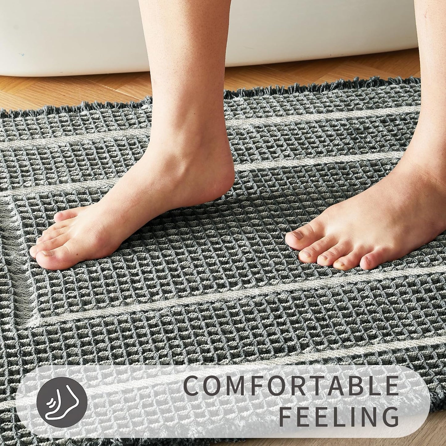 Woven Bath Mat, Upgraded Self Drying Non Slip Mat, Washable for Floor, Ultra Soft, Bluish Grey & Yellow, 19"*48" Waffle Weave