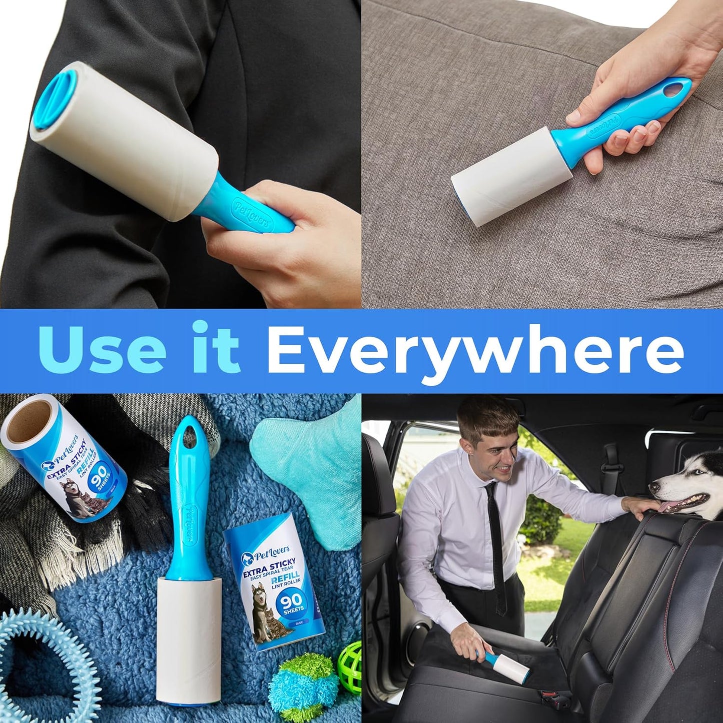 PetLovers Extra Sticky Lint Roller Mega Value Set 450 Sheets for Pet Hair Removal and Clothes, Dog and Cat Lint Remover 5 Pack Light Blue