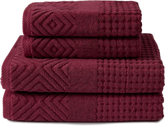 Texere 100% Organic Cotton Diamond Jacquard 700 GSM Luxury Bath Towel Sets - Ultra Soft and Absorbent Hotel and Spa Quality (Diamond, Merlot, 2 Bath & 2 Hand Towels)