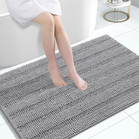 Grandaily Chenille Striped Bathroom Rugs 47x32, Extra Thick and Absorbent Bath Mats, Non-Slip Soft Plush Shaggy Shower Carpet, Machine Wash Dry, Bath Rug for Bathroom, Dark Gray