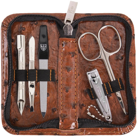 3 Swords Germany - brand quality 5 piece manicure pedicure grooming kit set with synthetic leather case ostrich cognac - Made in Germany