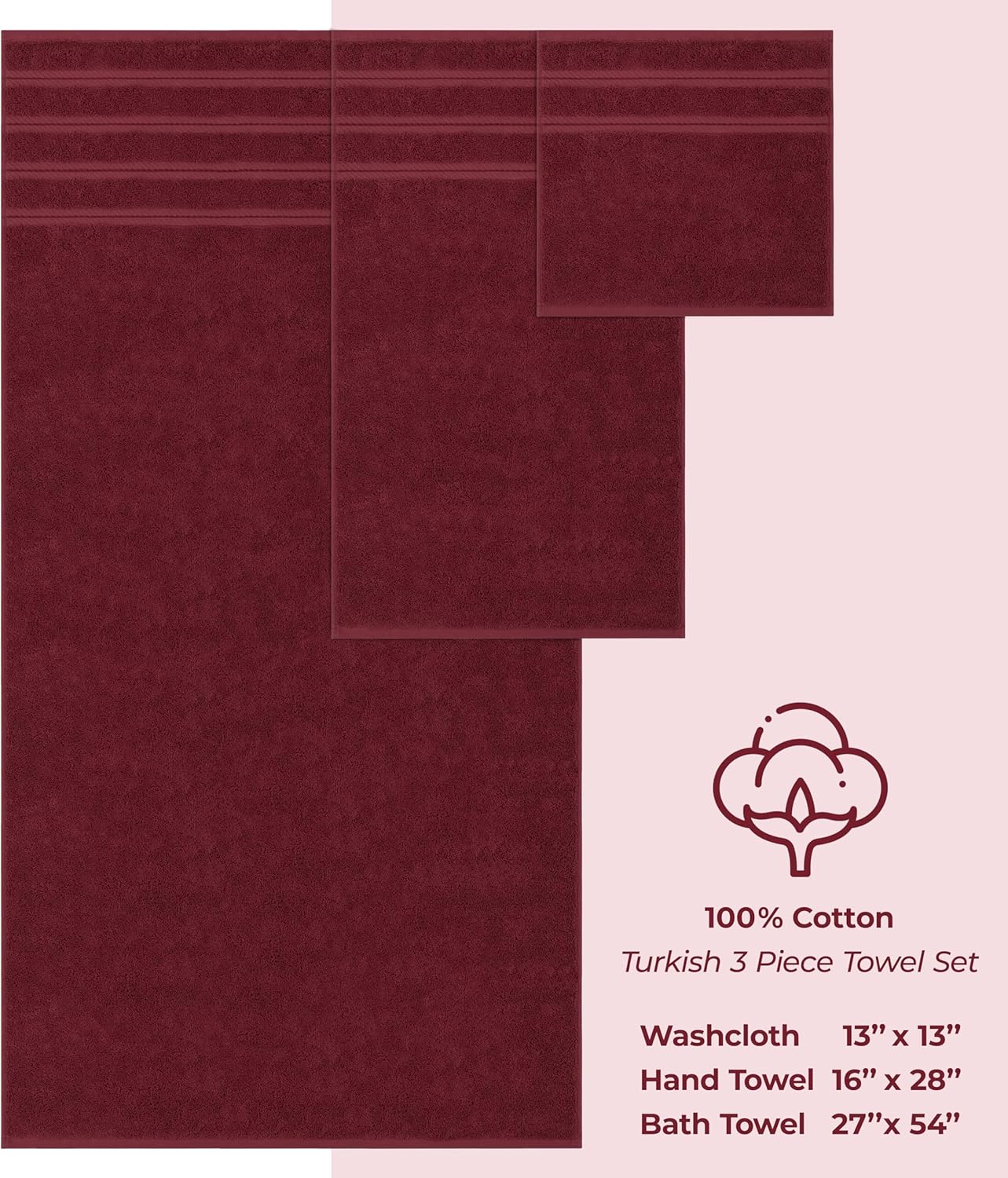 American Soft Linen Premium 3 Piece Towel Set, 1 Bath Towel 1 Hand Towel 1 Washcloth, 600 GSM 100% Cotton Turkish Towels for Bathroom, Bordeaux Red Towel Set