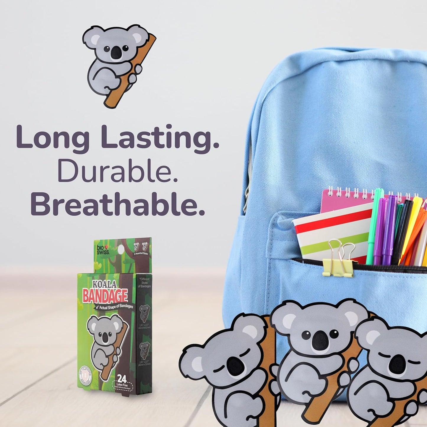 BioSwiss Kids Bandages, Koala Shaped Self Adhesive Bandage Set, Latex Free, Sterile Wound Care, 24 Count