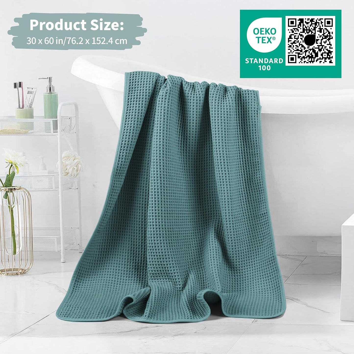 New Microfiber Waffle Bath Towels, 2 Pieces, Oversized, Soft, Absorbent, Fast Drying, Lint Free (Green)
