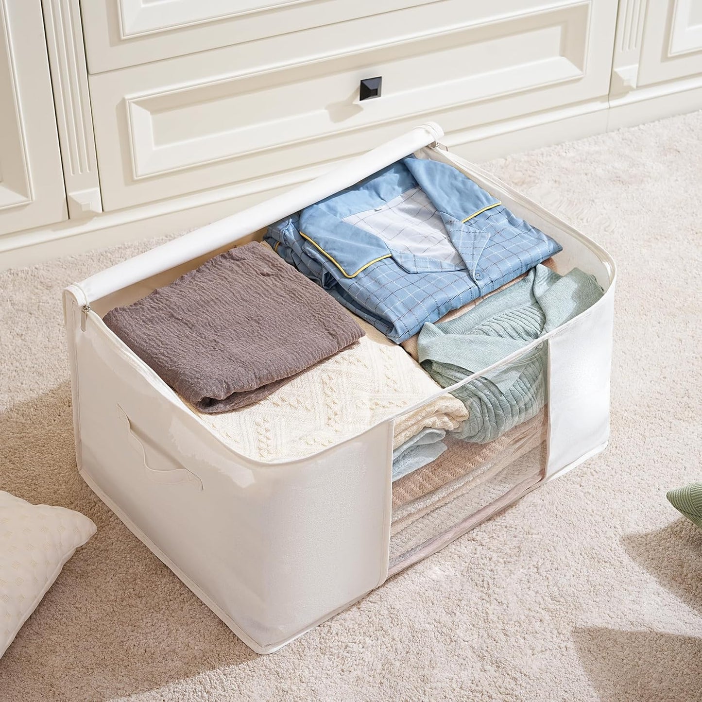 TYEERS Large Storage Bags with Zipper and Clear Window, Cotton Blended Fabric Storage Containers for Seasonal Clothes and Bedding, 23.6x15.7x13.8 Inches, 2-Pack, Beige