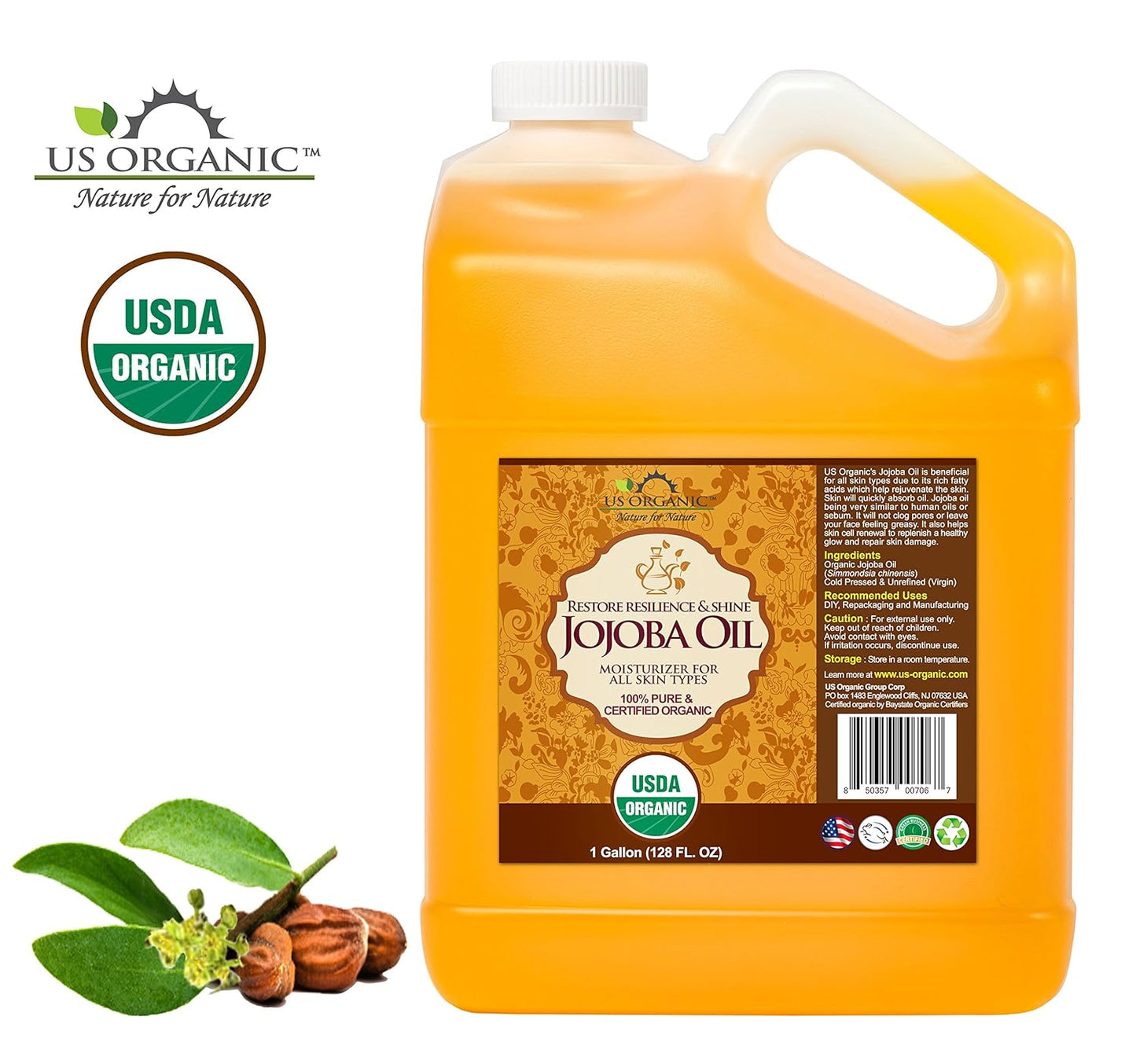 US Organic Jojoba Oil, USDA Certified Organic,100% Pure & Natural, Cold Pressed Virgin, Unrefined, Haxane Free, Sourced from Middle East, Size for DIY and Small Manufacturers (128 oz (1 Gallon))