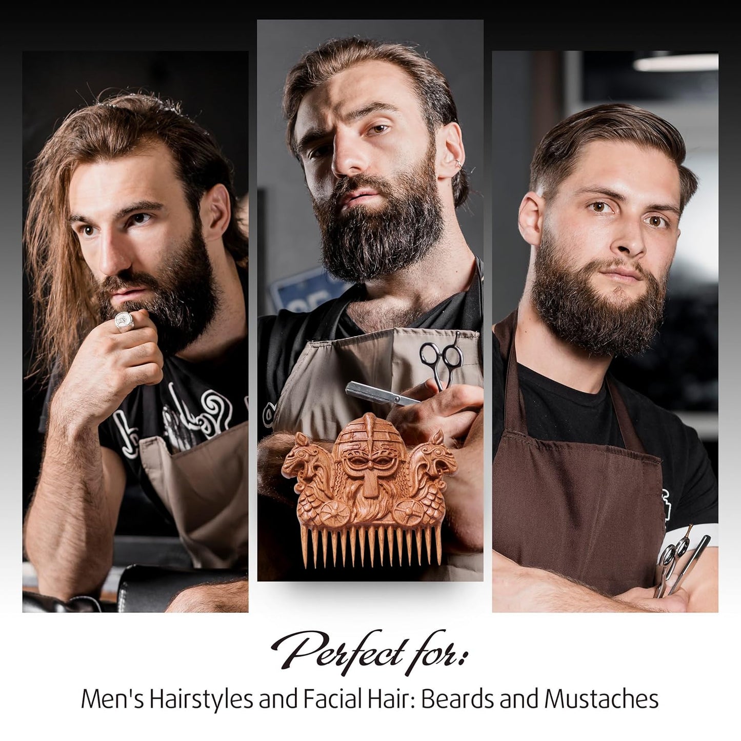 Handicraftviet Hand-Carved Wooden Hair Comb, Wooden Comb for Men's Hair, Beard, and Mustache, Great Gift - Vilking 2 - Natural wood