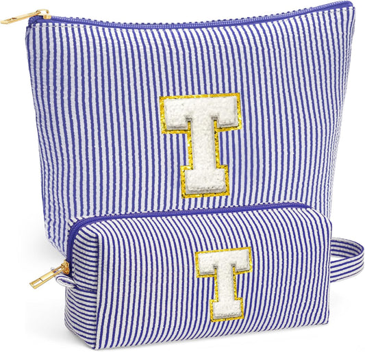 Initial Makeup Bag for Women - Travel Pouch, Portable Cosmetic Bag Make up Kit Pouch | Travel Essentials Cute Makeup Bag Birthday Gifts for Women, Blue Letter T