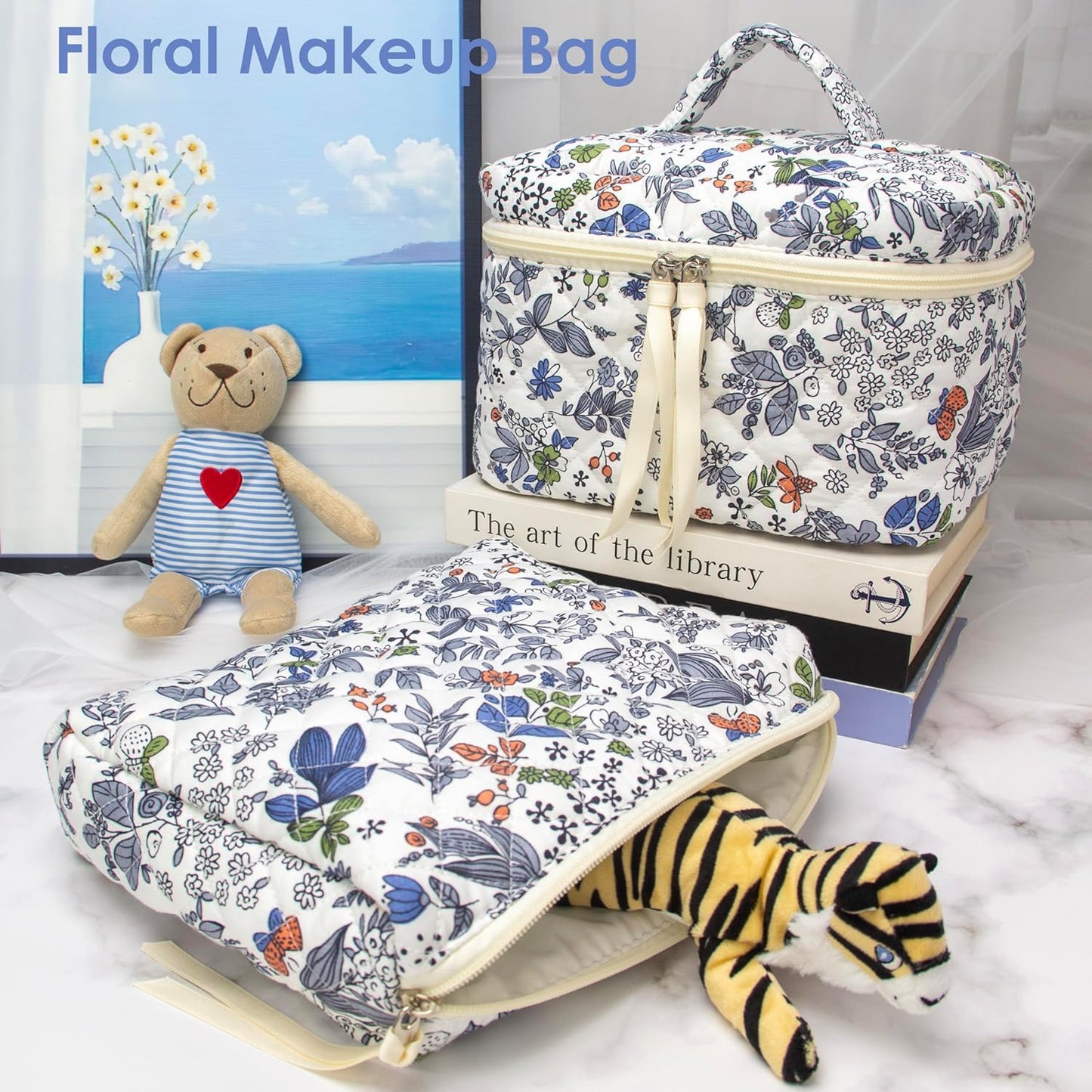 PAZIMIIK Quilted Makeup Bag Large Travel Zipper Soft Cosmetic Pouch for Women Girls Make Up,Leaf White