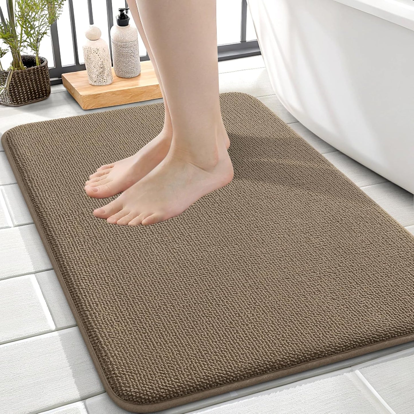 OLANLY Thick Memory Foam Bath Mat Rug 24x16, Extra Soft Absorbent Bathroom Rug, Quick Dry Bath Mats, Non-Slip, Machine Washable Carpet for Bathroom, Tub and Shower, Home Decor Accessories, Tan
