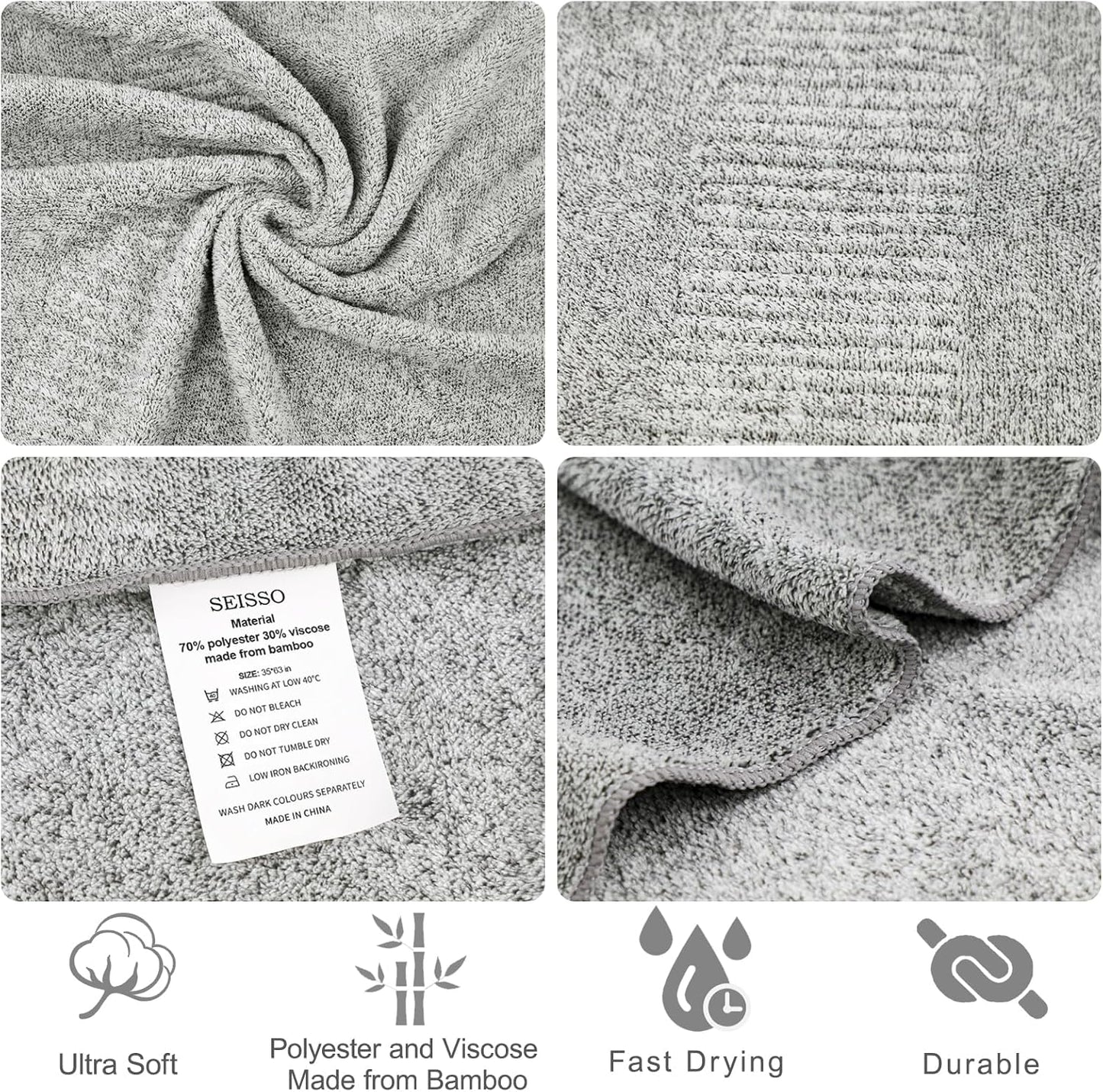 SEISSO Bath Towels, Extra Absorbent & Quick Drying Towels for Bathroom, Viscose Made from Bamboo Soft Bath Sheet (35 x 63inch), Premium Towel Multipurpose Use for Fitness, Spa, Yoga, Grey (2pack)