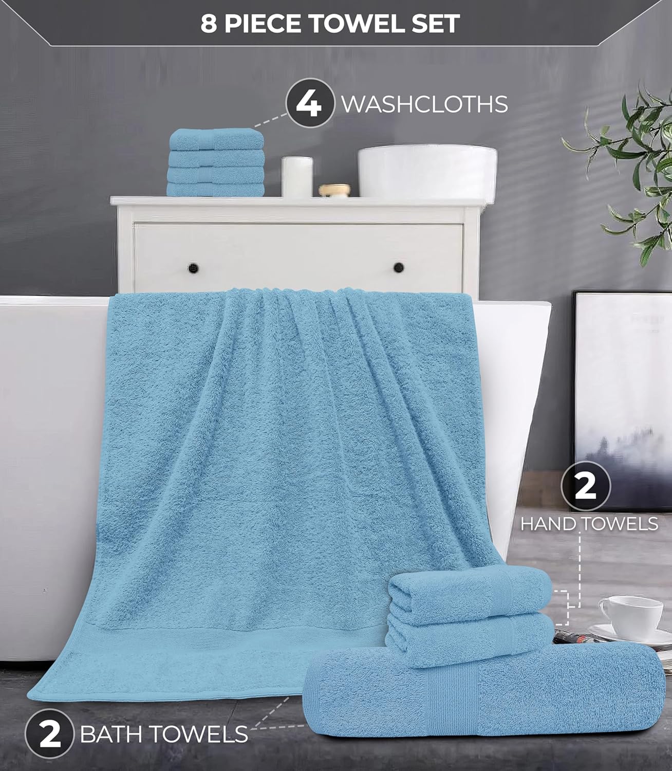 Luxury 8 Piece Towel Set, 2 Bath Towels 2 Hand Towels 4 Washcloths, Towels for Bathroom, Home, Spa & Gym - Highly Absorbent Ultra Soft Quick-Dry (Sky Blue)
