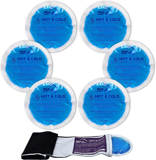 SNL Quality Hot & Ice Packs [6 Gel Packs], Reusable, Round, Soft Fabric Backing, for Breastfeeding, Pain Relief, First Aid - Includes: Wrap Sleeve for Hands-Free Application, Storage Bag