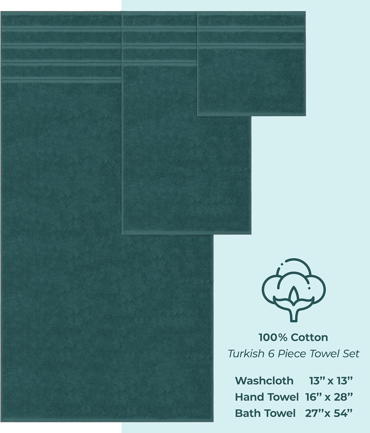 American Soft Linen Luxury 6 Piece Towel Set, 2 Bath Towels 2 Hand Towel 2 Washcloths, 600 GSM 100% Cotton Turkish Towels for Bathroom, Teal Towel Sets