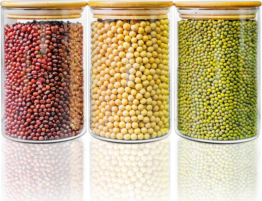 45oz - 3 Pack Glass Jars with Bamboo Lids, Glass Pantry Storage Containers with Airtight Lids, Round Air Tigh Food Storage Canisters for Cereal, Pasta, Flour, Sugar, Rice, Best for Kitchen Organizer