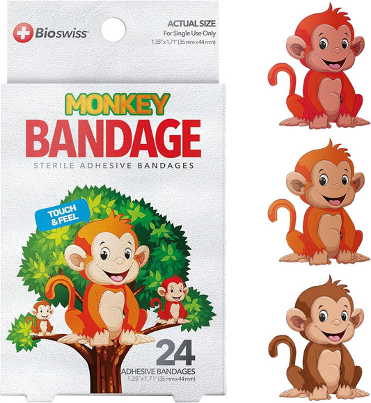 BioSwiss Kids Bandages, Monkey Shaped Self Adhesive Bandage Set, Latex Free, Sterile Wound Care, 24 Count