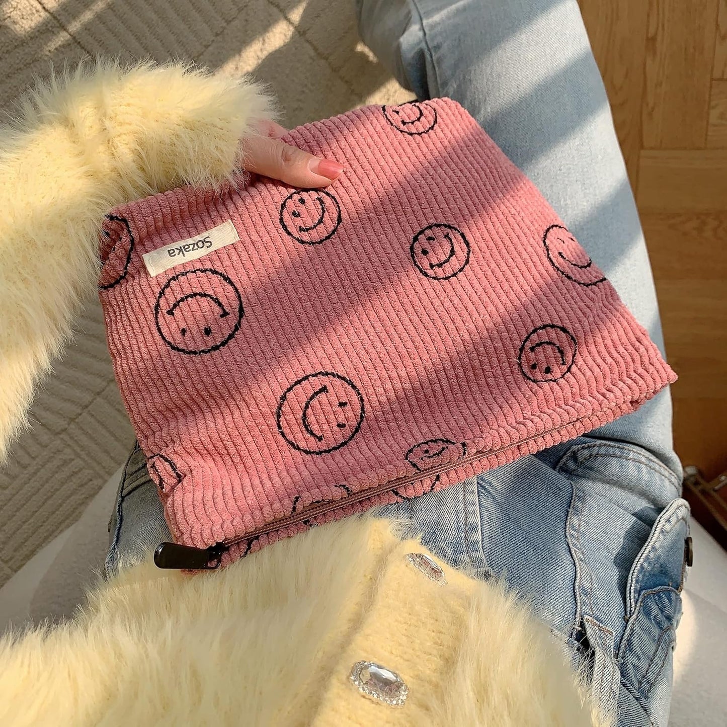 Cosmetic Bags for Women - Corduroy Cosmetic Bag Aesthetic Women Handbags Purses Smile Dots Makeup Organizer Storage Makeup Bag Girls Case Bags (A-Black)