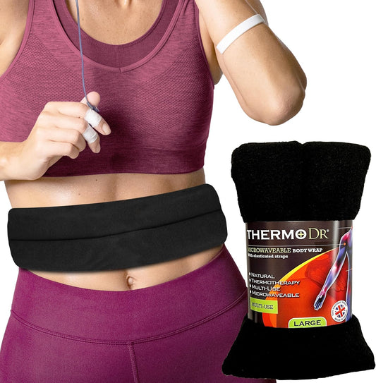 Microwavable Heating Pad for Neck, Back, & Shoulders - Heating Bean Bag Microwavable Pillow w/Elasticated Strap - Wheat & Unscented Heating Pad Wrap - ThermoDR, Black