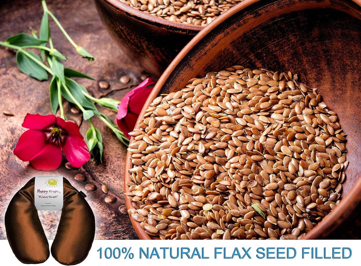 Microwavable Herbal Neck Wrap - Hot Cold Aromatherapy Neck Warming Pillow - Heating Pad for Migraines, Stress, Gifts for Women, Birthdays, Christmas and Free Sleep Mask - Copper Satin