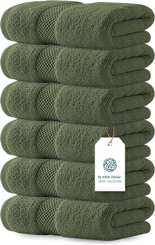 White Classic Luxury Forest Green Hand Towels - Soft 100% Turkish Cotton | Highly Absorbent Hotel spa Bathroom Towel Collection | 16x30 Inch | Set of 6