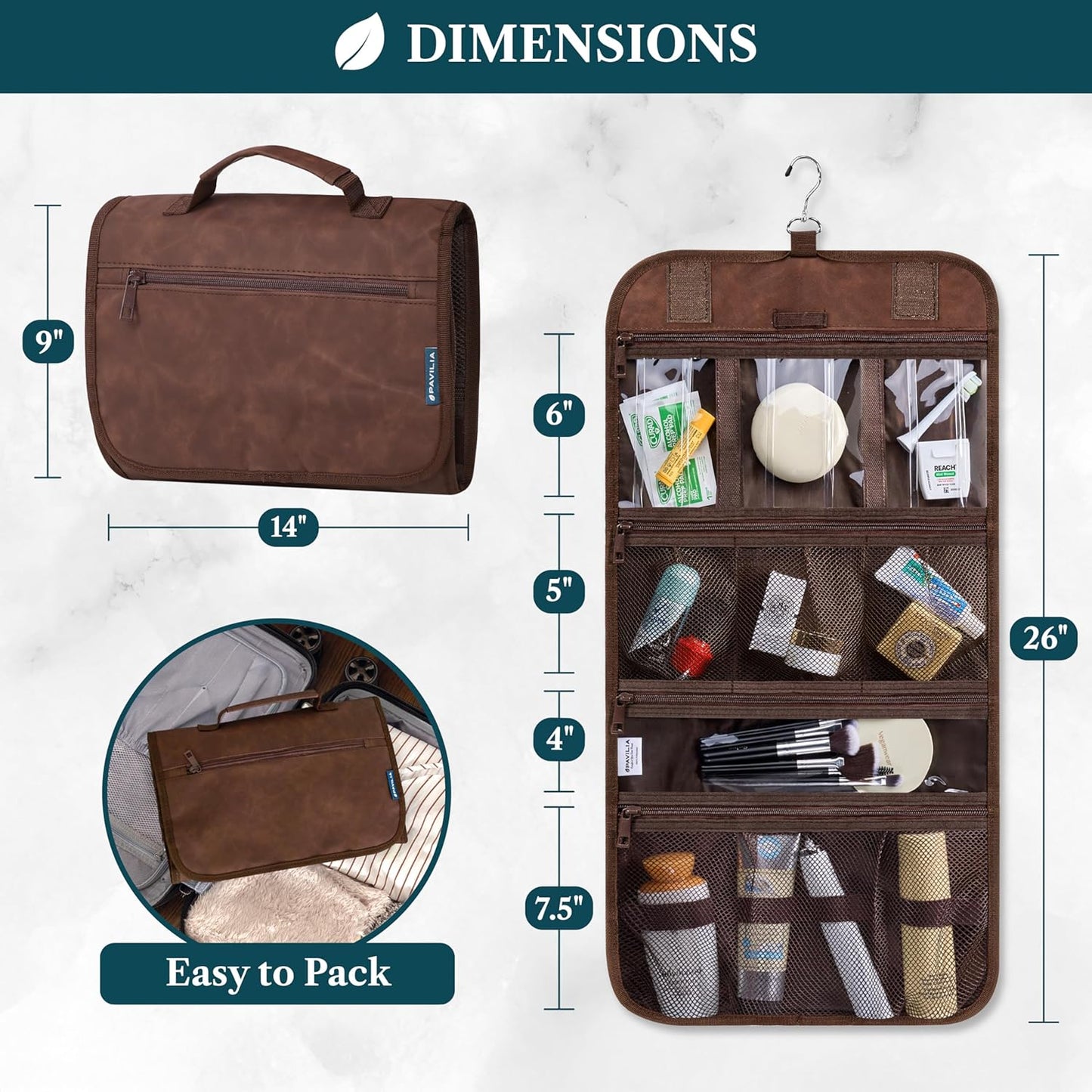 PAVILIA Hanging Toiletry Bag Men Women, Travel Kit Foldable Large Toiletries Organizer, Roll up Cosmetics Makeup Bag Accessories, Waterproof Essentials Dopp Case (Brown)