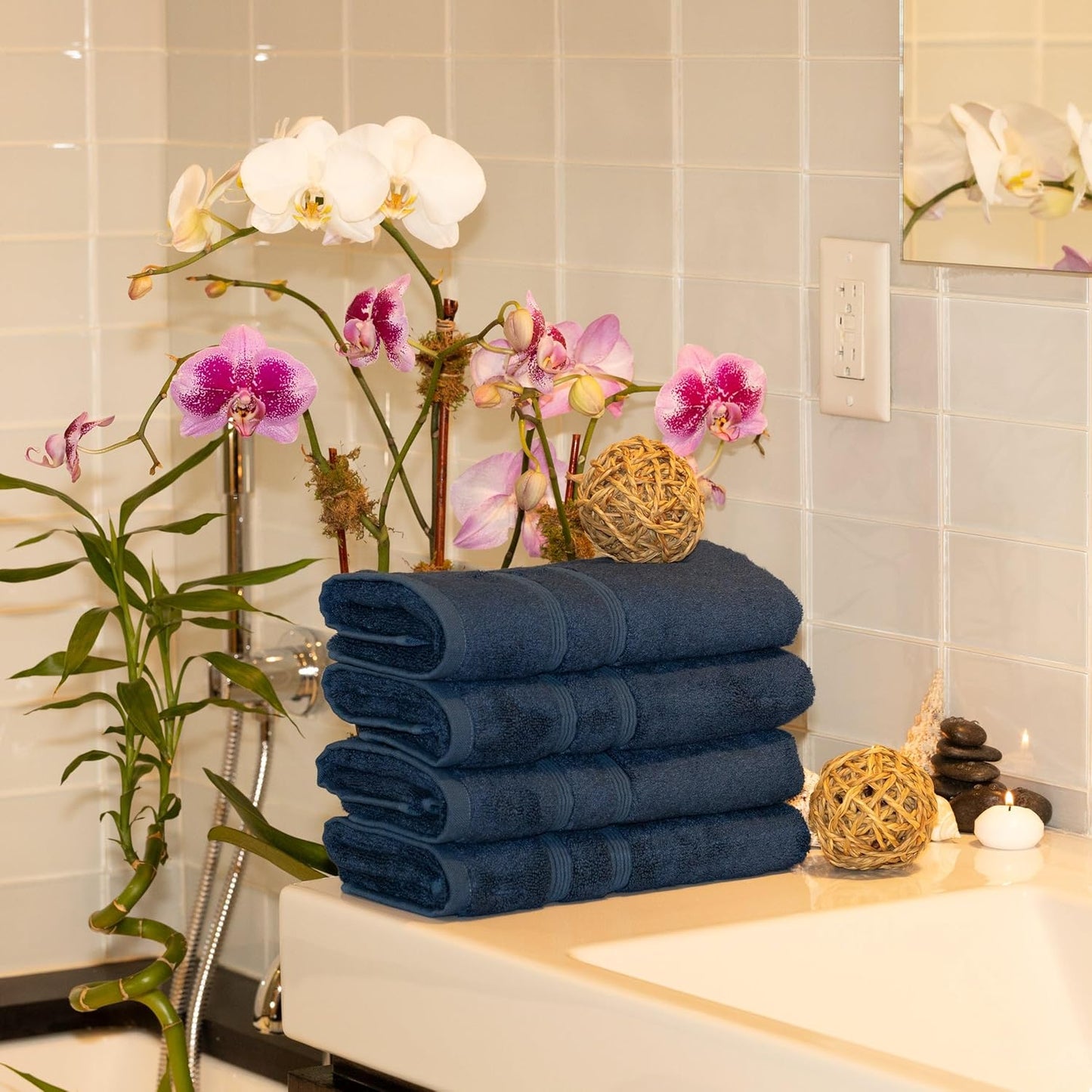 Mosobam Luxury Turkish Set of 6 Hand Towels 16X30 Navy Blue 700 GSM Bamboo Viscose & Aegean Turkish Combed Cotton