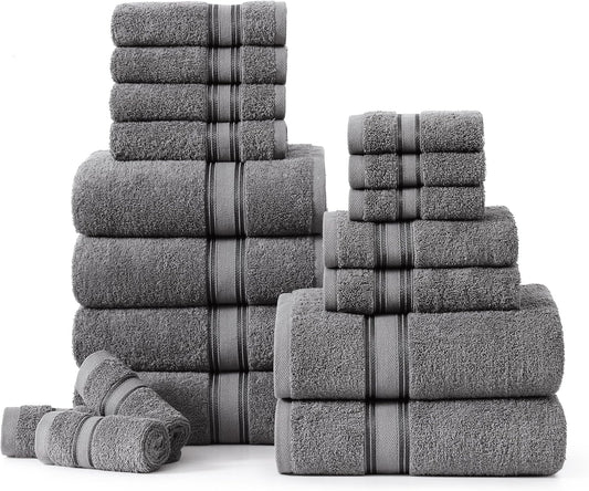 Lane Linen 100% Cotton Luxury Towel Set for Bathroom - 18 Pieces, Zero Twist - Super Plush, Very Soft & Absorbent - 6 Bath Towels, 6 Washcloths, 6 Hand Towels - Suitable for All Skin Types - Cool Grey