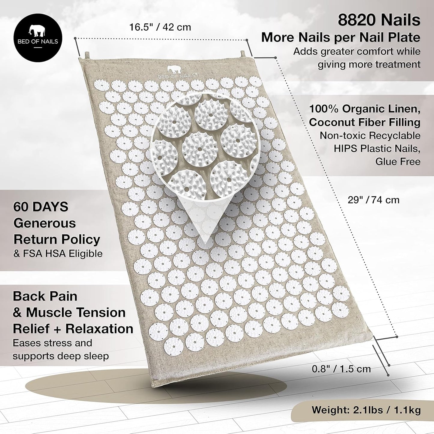 BED OF NAILS Original Comfortable Eco Premium Acupressure Mat, 8,820 Acupuncture Pressure Points, Back Pain Relief, Increased Energy, Relaxation, Muscle Recovery with Tote Bag, 29x16