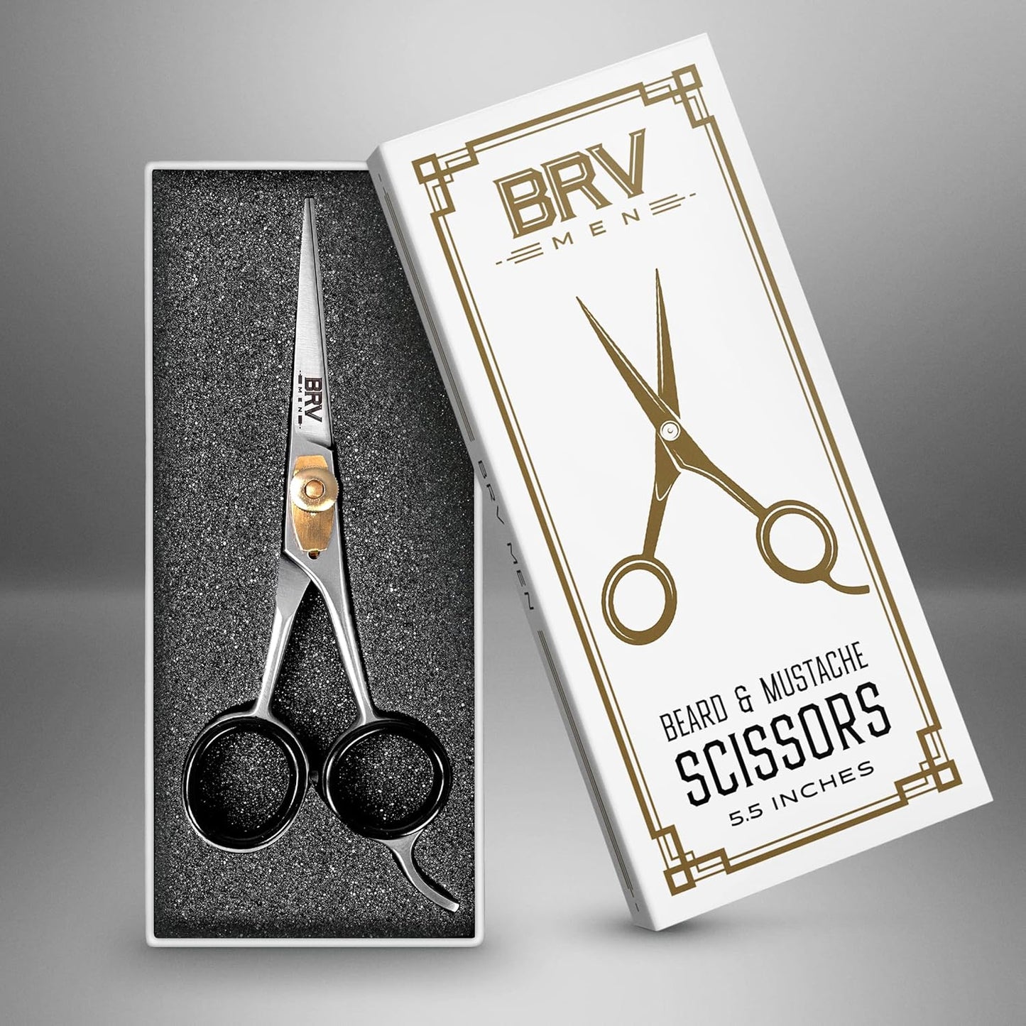 BRV MEN Beard & Mustache Scissors - 5" - High Carbon Stainless Steel - Razor Sharp Facial Hair Trimming Shears - RIGHT HANDED, Silver