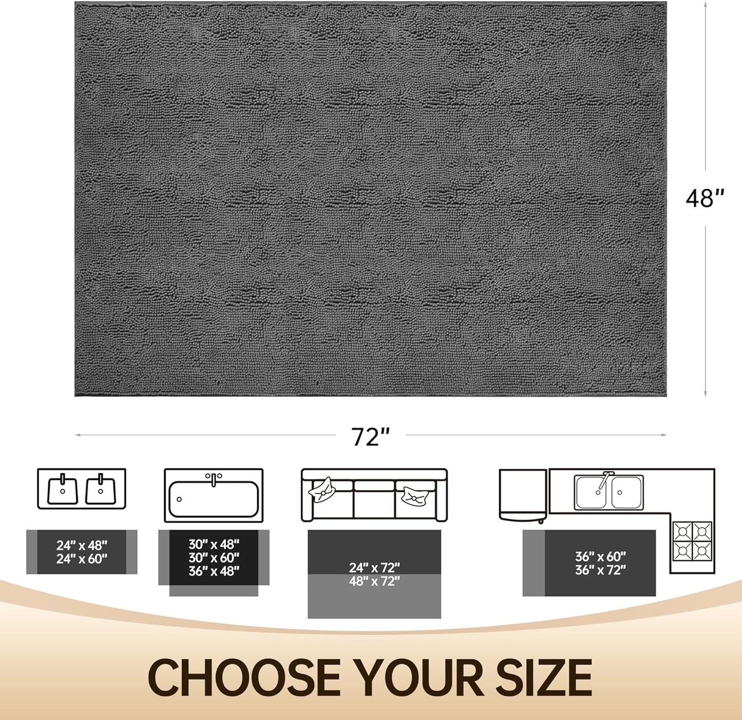 Amyracel Bathroom Rug Mat 48x72, Thick Soft Quick Dry Absorbent Chenille Bath Rug, Rubber Back Non Slip Machine Washable Bath Mat for Bathroom Shower Tub Floor