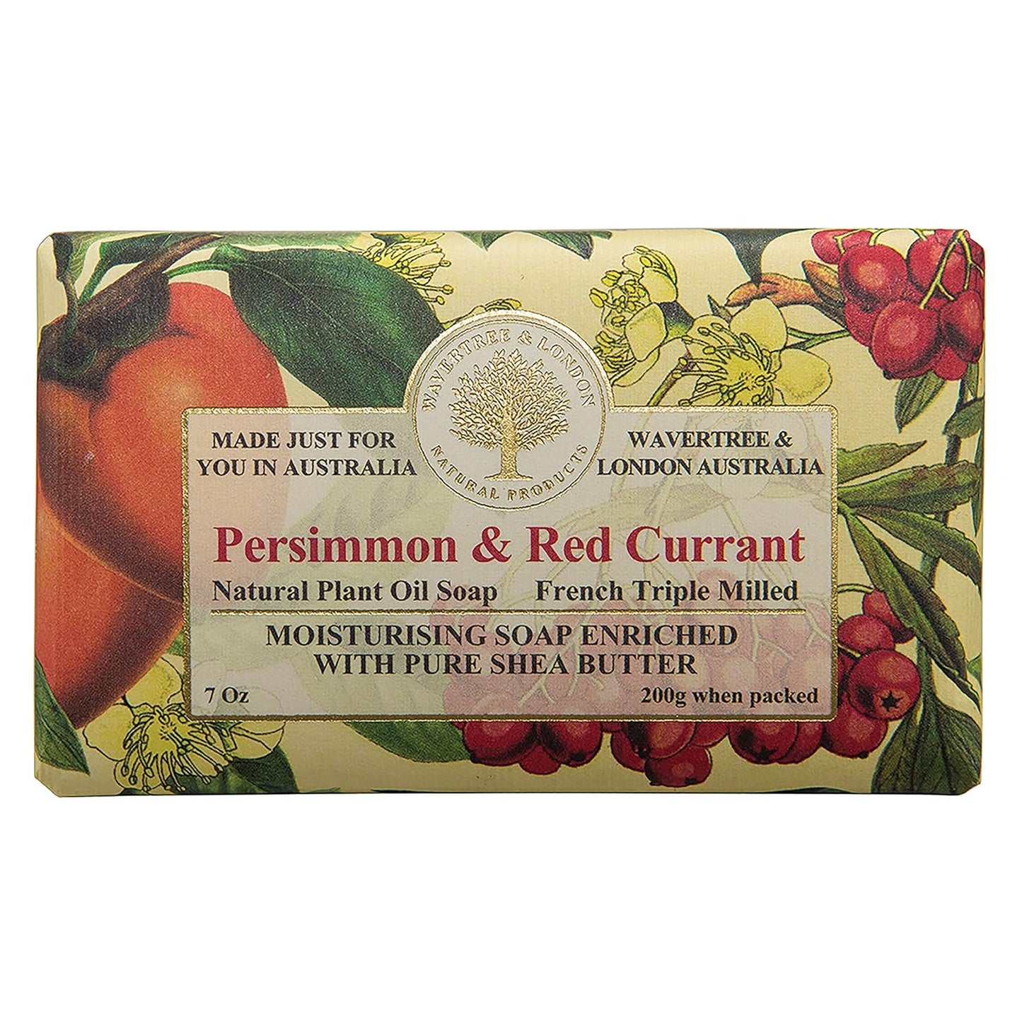 Wavertree & London Persimmon & Red Currant Scented Natural Soap Bar, 7oz Moisturizing French Triple Milled Soap Bar for Women & Men enriched with shea butter - Pure Bath & Body soap bar
