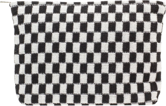 PAZIMIIK Knitted Checkered Makeup Bag Large Zipper Make Up Accessory Pouch for Purse Cosmetic Brush Bag for Travel Essential,Black