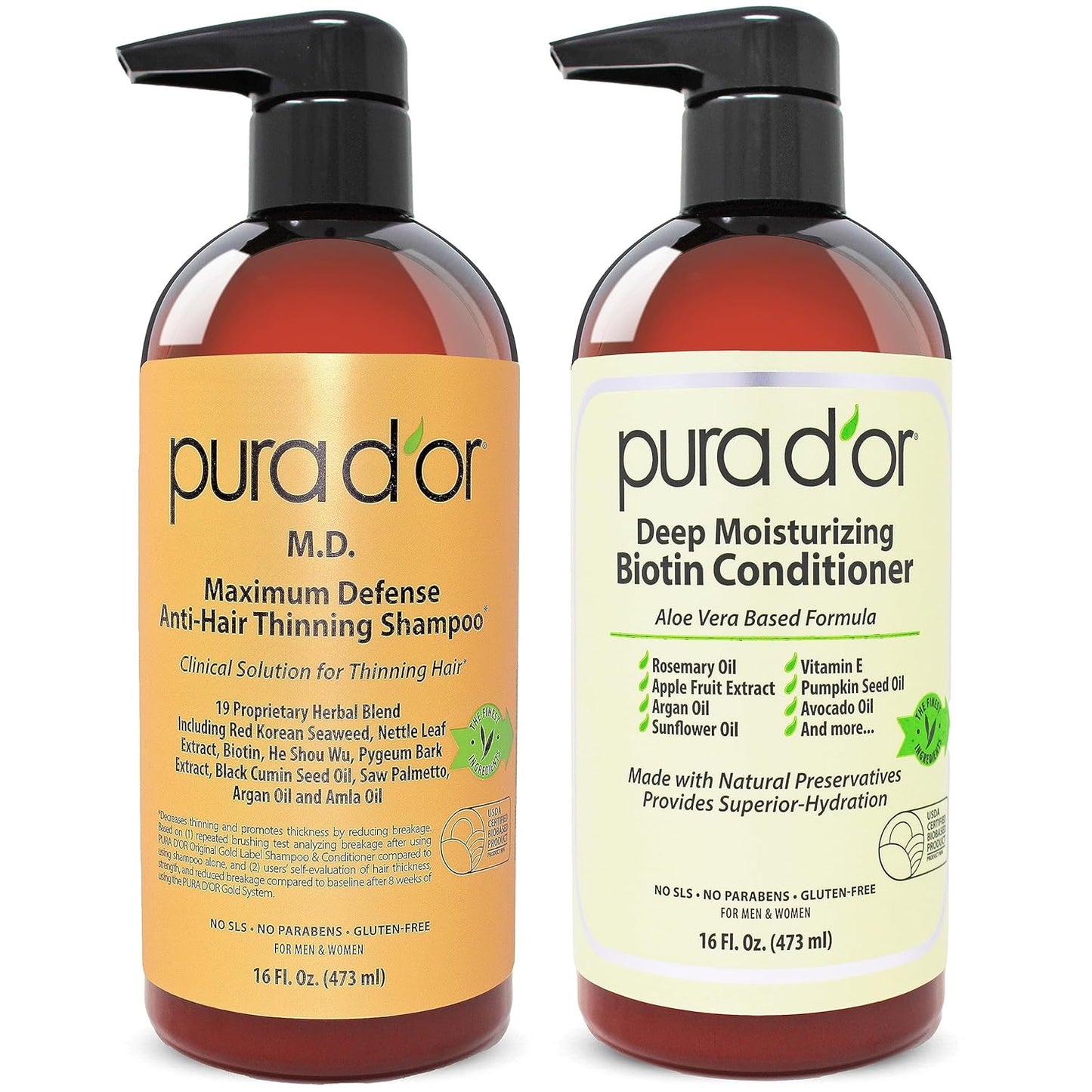 PURA D'OR MD Anti-Thinning Biotin Shampoo & Conditioner Set (16oz x2) Maximum Defense Coal-Tar Strong Scented Hebal Blend Hair Thickening Products For Women & Men, Daily Shampoo For Scalp Health