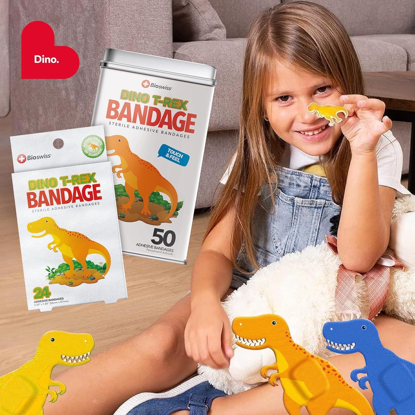 BioSwiss Kids Bandages, Dinosaur Shaped Self Adhesive Bandage Set, Latex Free, Sterile Wound Care, 50 Count