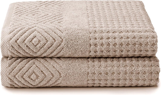 Texere 100% Organic Cotton Diamond Jacquard 700 GSM Luxury Bath Towel Sets - Ultra Soft and Absorbent Hotel and Spa Quality (Diamond, Oxford Tan, 2 Bath Towels)