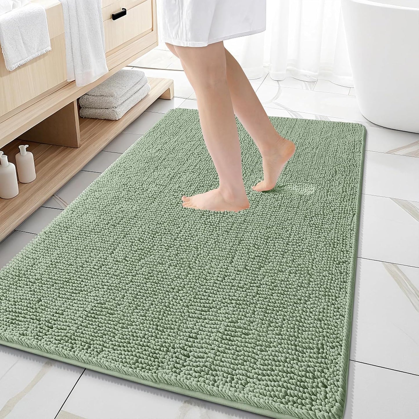 OLANLY Bathroom Rugs 59x35, Extra Soft Absorbent Chenille Bath Rugs, Rubber Backing Quick Dry, Machine Washable Bath Mats for Bathroom Floor, Tub and Shower, Home Decor Accessories, Sage Green