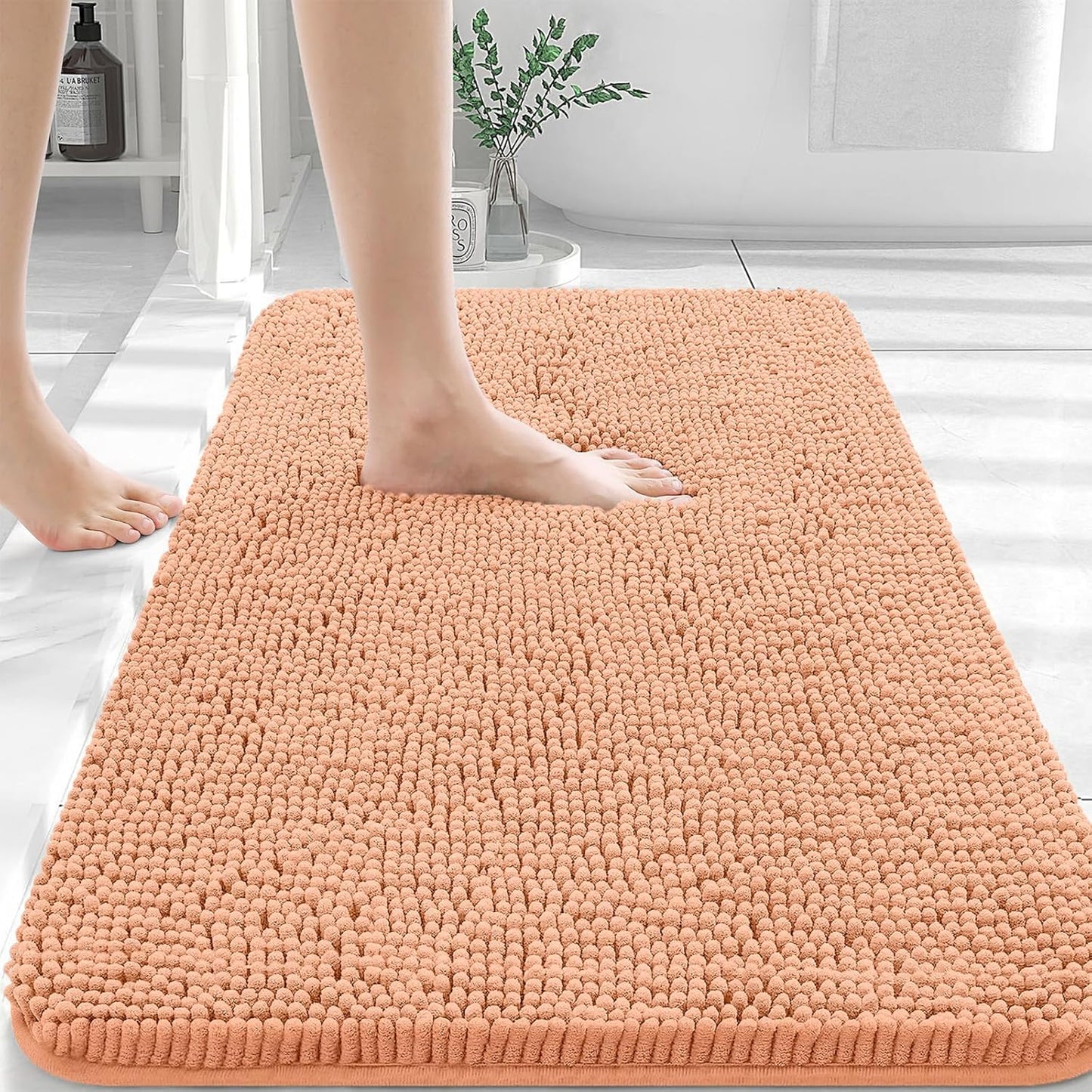 OLANLY Bathroom Rugs 36x24, Extra Soft Absorbent Chenille Bath Rugs, Rubber Backing Quick Dry, Machine Washable Bath Mats for Bathroom Floor, Tub and Shower, Home Decor Accessories, Peach