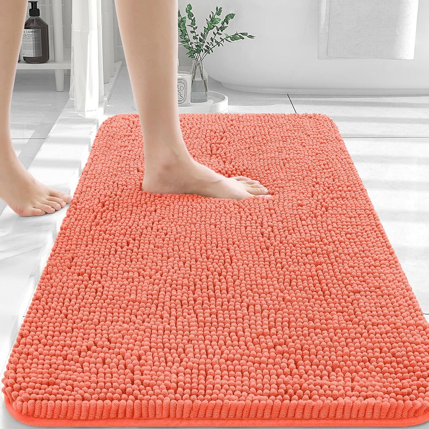 OLANLY Bathroom Rugs 30x20, Extra Soft Absorbent Chenille Bath Rugs, Rubber Backing Quick Dry, Machine Washable Bath Mats for Bathroom Floor, Tub and Shower, Home Decor Accessories, Coral